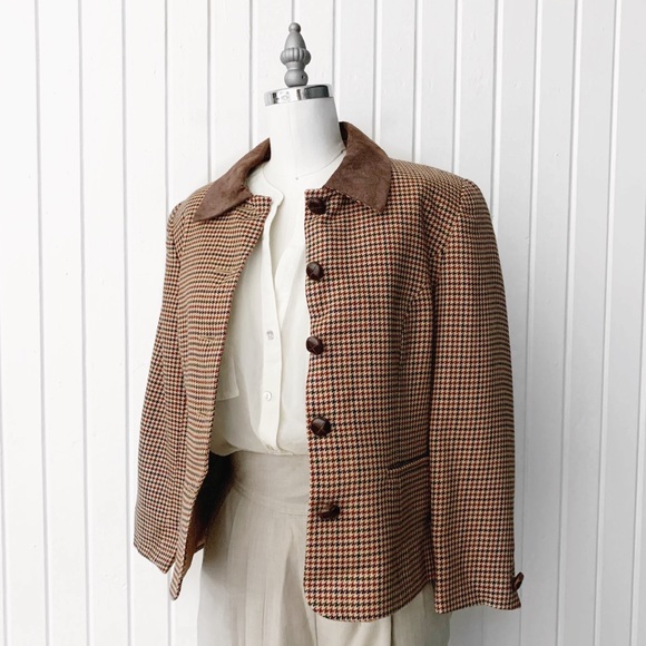 Vintage Jackets & Blazers - VTG 90s Talbots Wool Houndstooth Suede Blazer